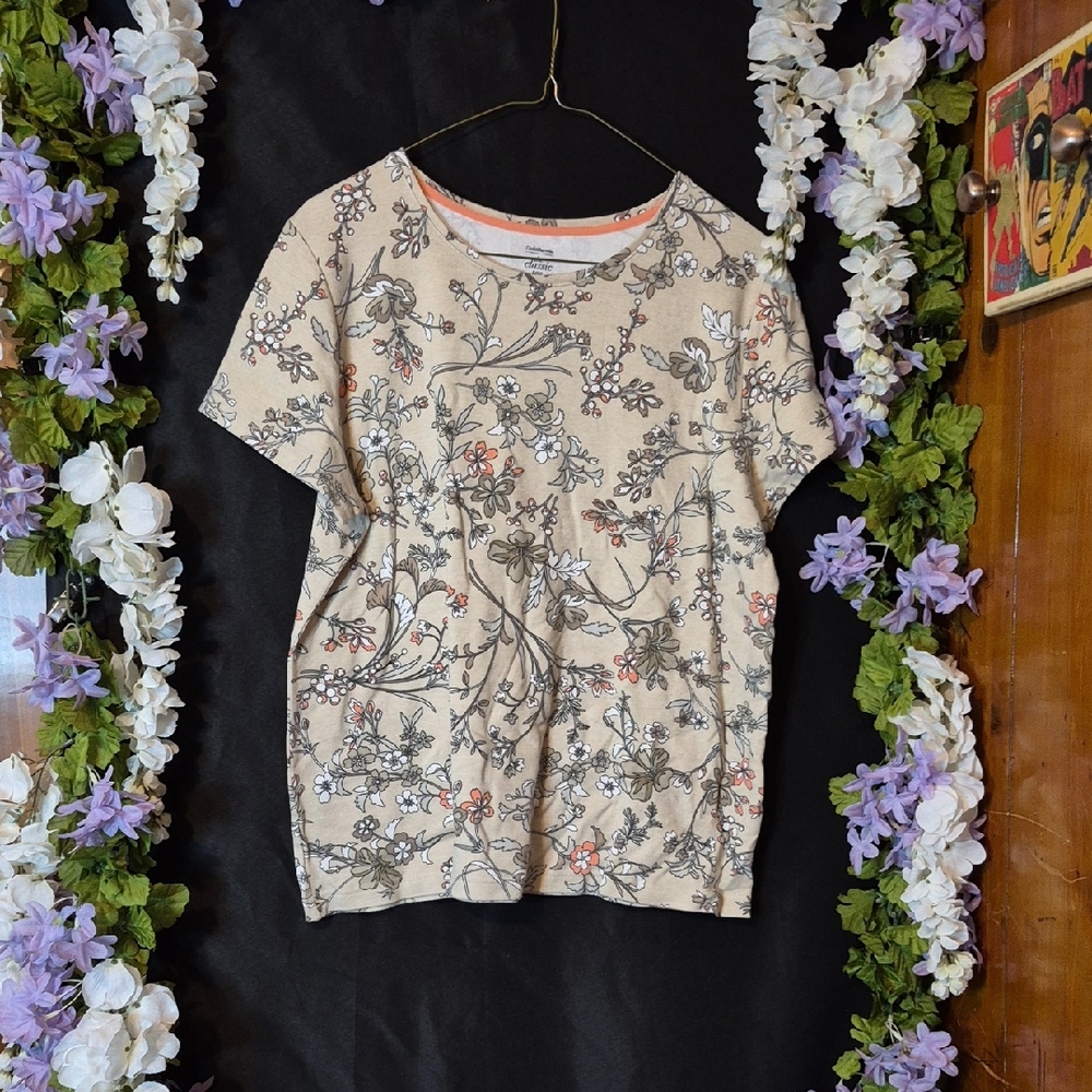 croft & barrow Beige Short-Sleeve Floral Tee with Coral & Gray Accents